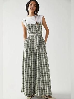 Free People Green Plaid Maxi Wide Leg Jumpsuit